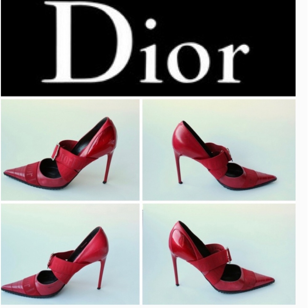 Dior Vintage Galliano Red Leather 4 inch pointed toe shoes with silver hardware.